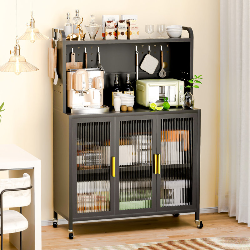 Latitude Run Carbon Steel Kitchen Storage Cabinets Microwave Stand Bakers Racks For Kitchens With Storage Microwave Cart Transparent Flap Door De